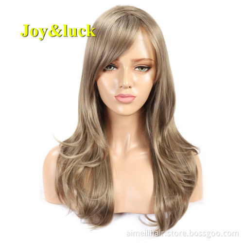 Wholesale Price Long Blonde Mix Brown Color Party Natural Wave Wigs for Women With Bangs Cosplay Wig Style Synthetic Hair Wigs